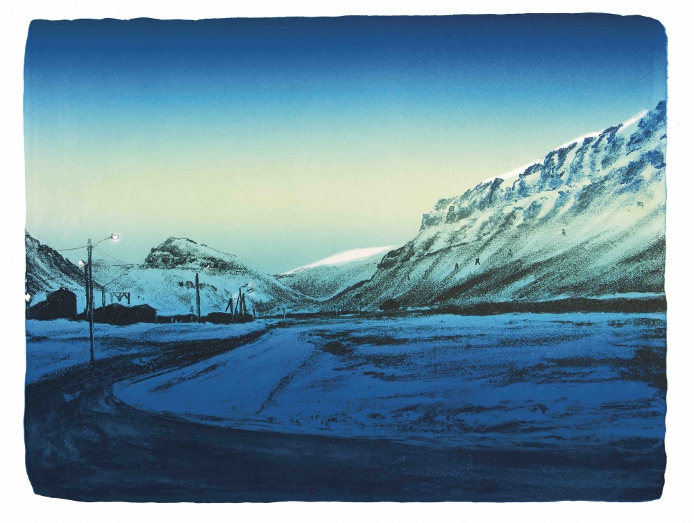 Original grafikk av Olaf Storø. Motiv fra Longyearbyen. Veien opp mot breen, der veien går videre sørover. 